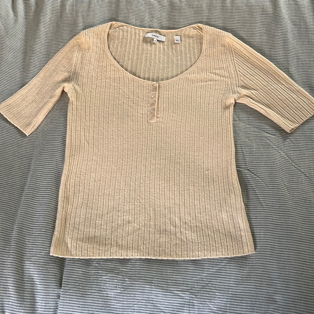 Vince Yellow Knit short sleeve button up top